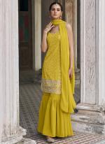 Faux Georgette Mustard Party Wear Embroidery Work Sharara Suit